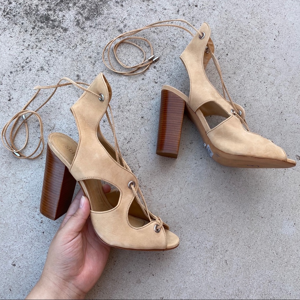 SCHUTZ Nude Nubuck HOLLIE Wood Lace-up Sandal Heel